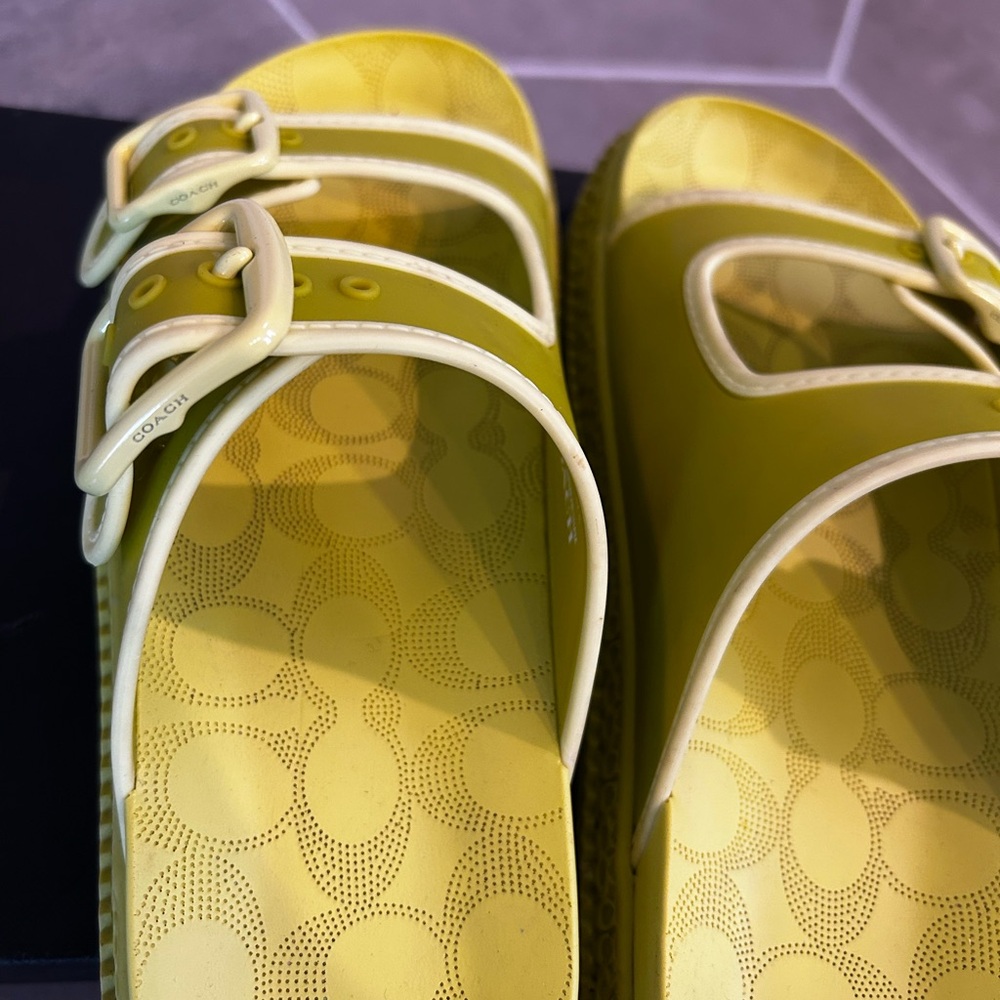Coach Neon Yellow Double-Buckle Platform Sandals - Picture 4 of 6